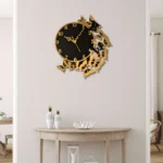 Wooden Silent Wall Clock with Butterflies - Black & Metallic Gold Designer Decor