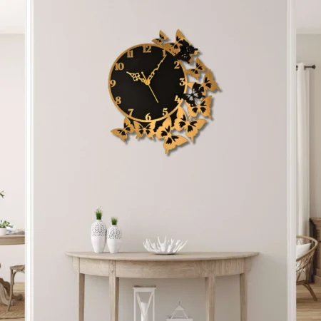Wooden Silent Wall Clock with Butterflies - Black & Metallic Gold Designer Decor