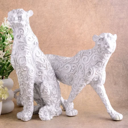 Elegant White Panther Showpiece Set | Antique Sculpture for Home Decor (Set of 2)
