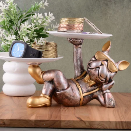 Modern Cool Dog Showpiece with Plate | Resin Tabletop Decor for Home & Office