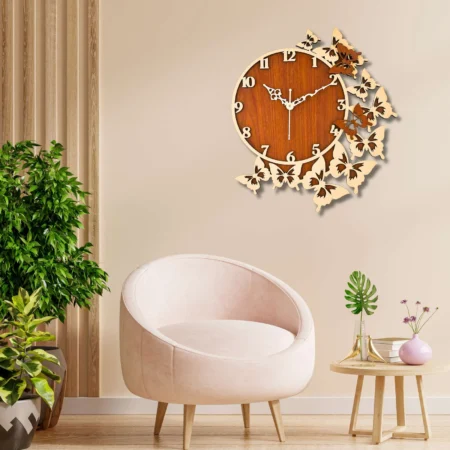 Wooden Silent Wall Clock with Butterflies - Brown & Metallic Gold Designer Decor