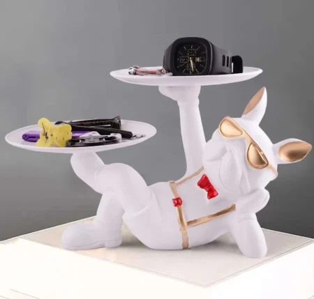 Modern Cool Dog Showpiece with Plate | Resin Tabletop Decor for Home & Office