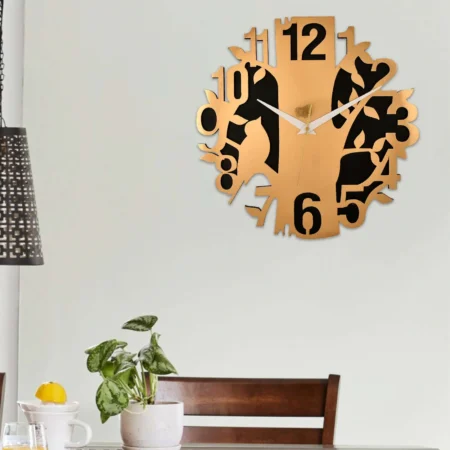 Wooden Silent Non-Ticking Wall Clock - Black & Metallic Gold Floral Decor