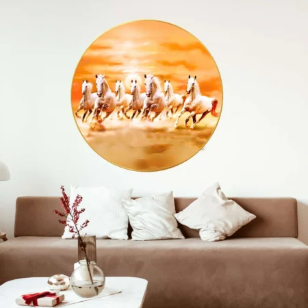 Seven Horses Wall Painting with Golden Round Frame – Sparkle Laminated, Vastu Wall Art for Home & Office Decoration