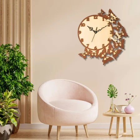 Wooden Silent Wall Clock with Butterflies - Beige & Brown Designer Decor