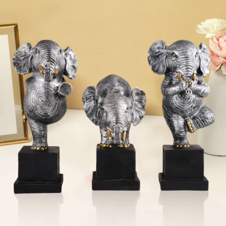 Elegant Silver Elephant Showpiece Set | Polyresin Statues for Home Decor (Set of 3)