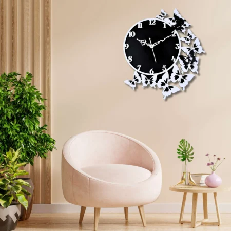 Wooden Silent Wall Clock with Butterflies - Black & White Designer Decor