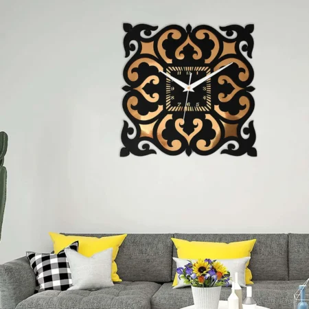 Designer Silent Wall Clock - Square Modern Decor in Black & Metallic Gold