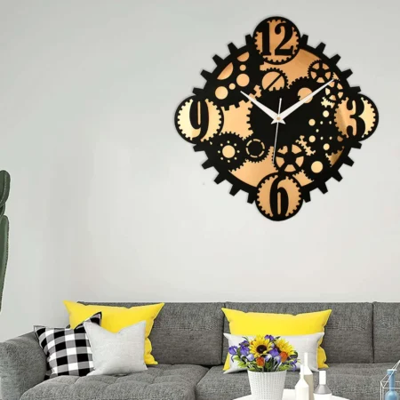 Wooden Silent Wall Clock - Modern Designer Black & Metallic Gold Decor