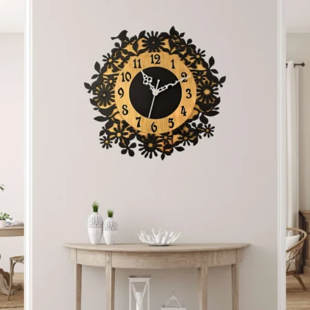 Wooden Silent Wall Clock - Designer Floral Decor in Metallic Gold & Black