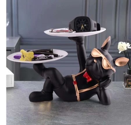 Modern Cool Dog Showpiece with Plate | Resin Tabletop Decor for Home & Office