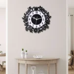 Floral Designer Silent Wall Clock - White & Black Wooden Decor for Home