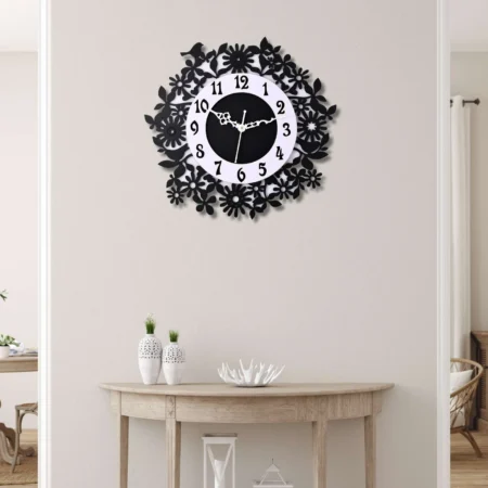 Floral Designer Silent Wall Clock - White & Black Wooden Decor for Home