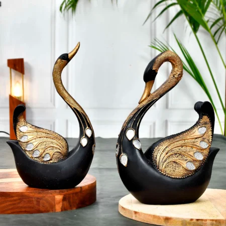 Elegant Black & White Swan Pair with Feather Design | Ceramic Showpiece