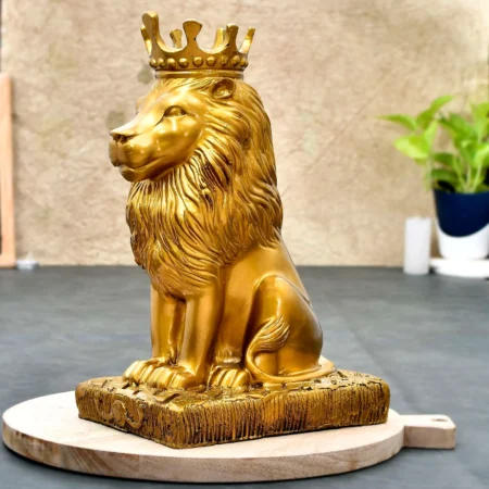 Regal White & Gold Lion Statue with Crown | Royal Decorative Showpiece