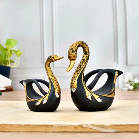 Elegant Black & White Swan Pair with Feather Design | Ceramic Showpiece